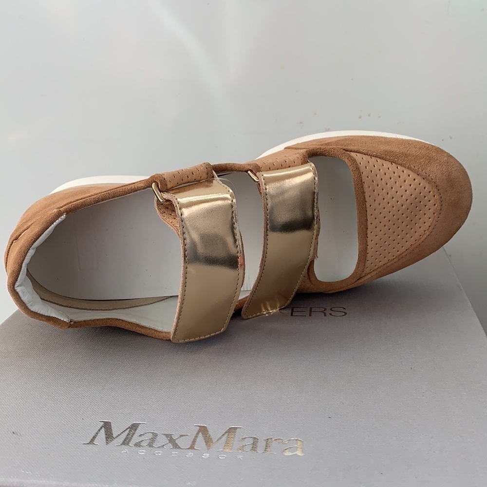 NEW MAX MARA Tan Suede Leather Velcro Sneakers - Picture 2 of 13